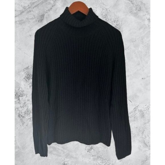 J. Crew Black Ribbed Wool Turtleneck Sweater Womens L Warm Cozy Knit Long Sleeve - Picture 1 of 6